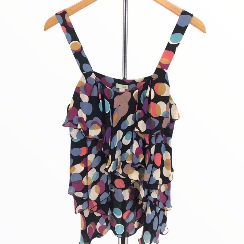 Odille for Anthropologie 100% Silk Multicolor Dot Ruffle Camisole Tank Top